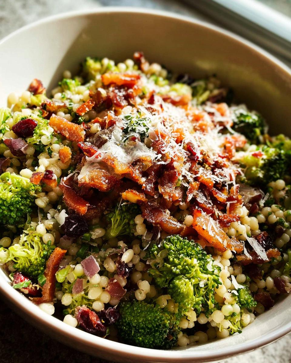 A close-up of a bowl of pasta salad with broccoli florets, crispy bacon bits, red onion, and grated cheese.