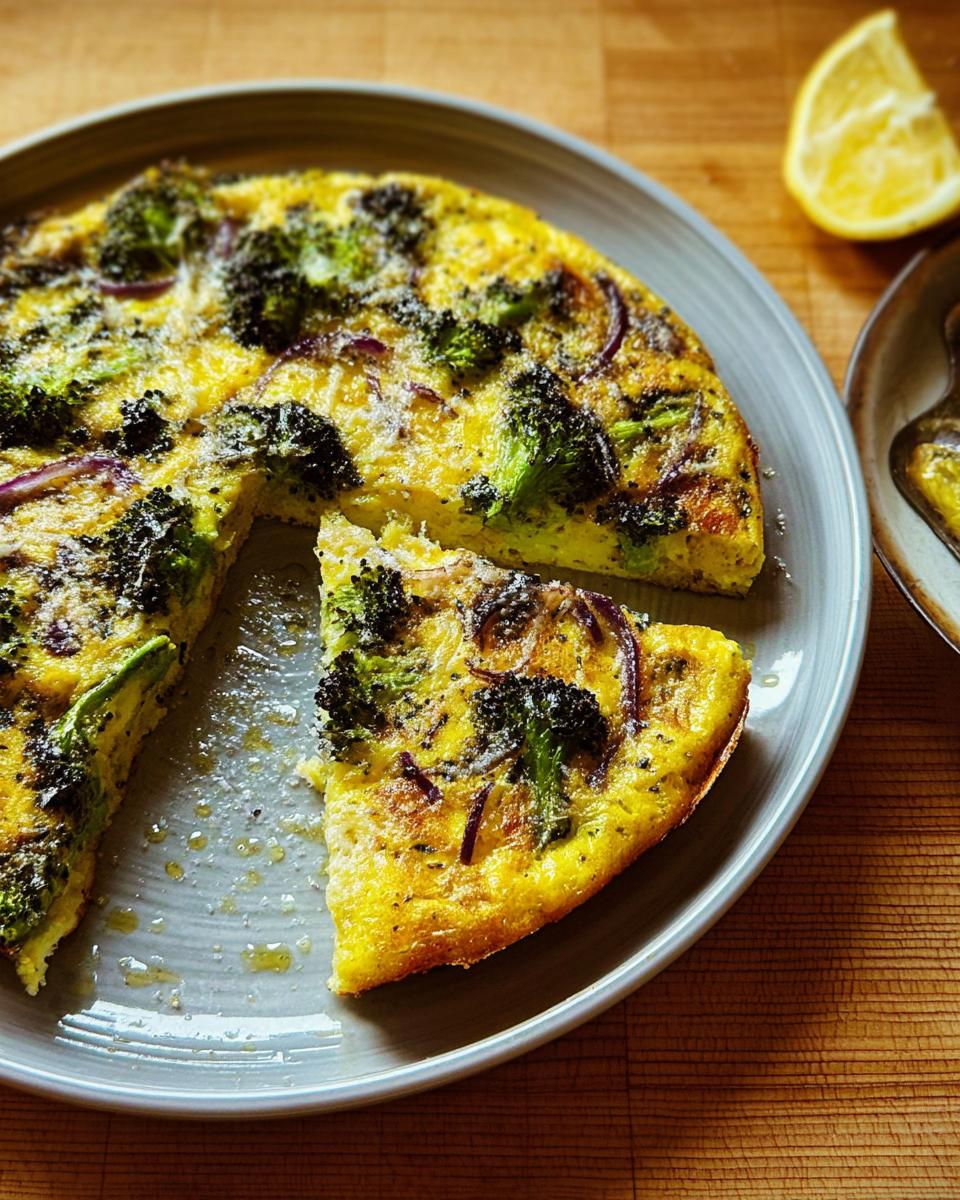 A slice of a broccoli and red onion frittata, one of 25 Genius Egg Recipes Ideas for Busy Weeknights.