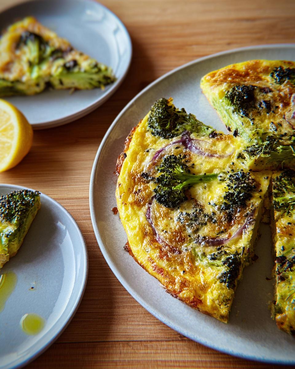 A slice of delicious broccoli and red onion frittata, a perfect egg recipe for busy weeknights.