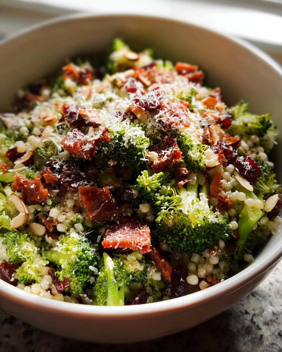 A close-up of a vibrant broccoli salad with couscous, bacon, dried cranberries, almonds, and grated Parmesan cheese.