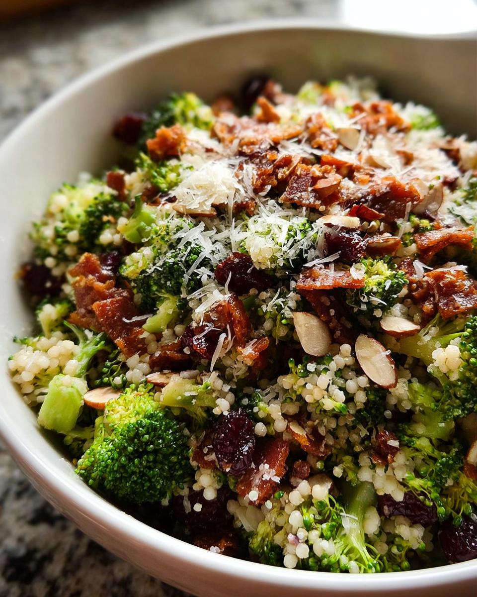 Close-up of a delicious broccoli salad with couscous, bacon, dried cranberries, almonds, and grated cheese.