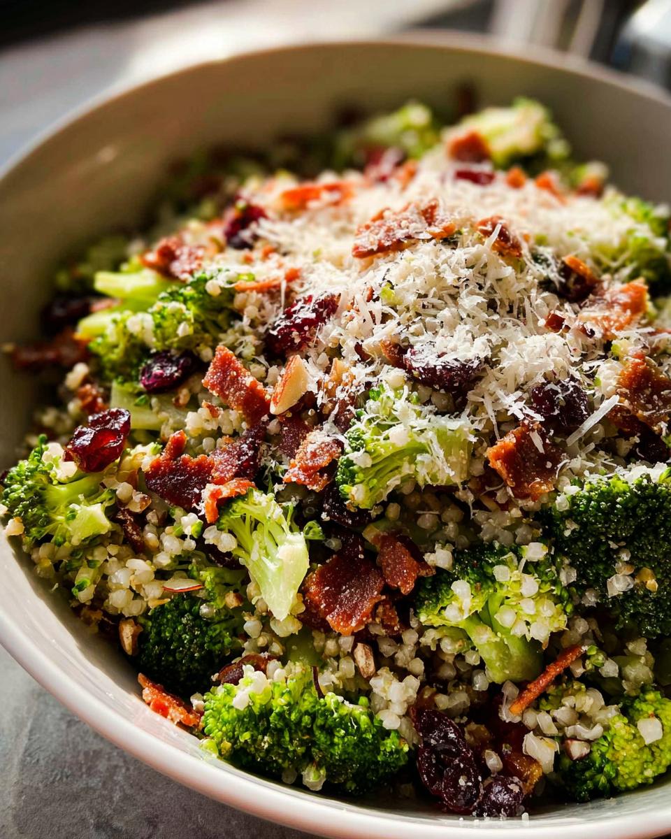 A close-up of a vibrant broccoli salad with crumbled bacon, dried cranberries, and shaved Parmesan cheese.