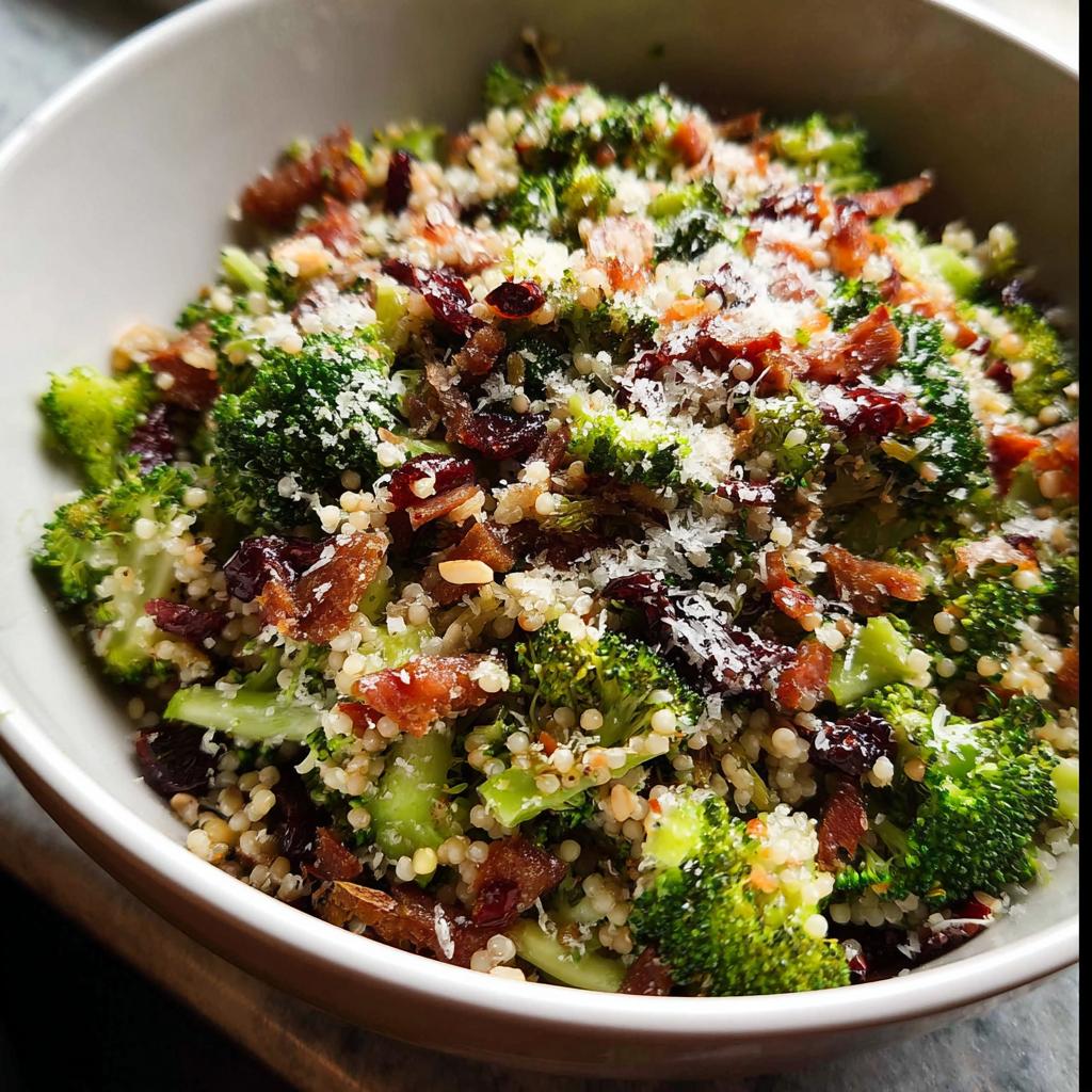 A close-up of a vibrant broccoli salad with couscous, dried cranberries, crispy bacon bits, and grated Parmesan cheese.
