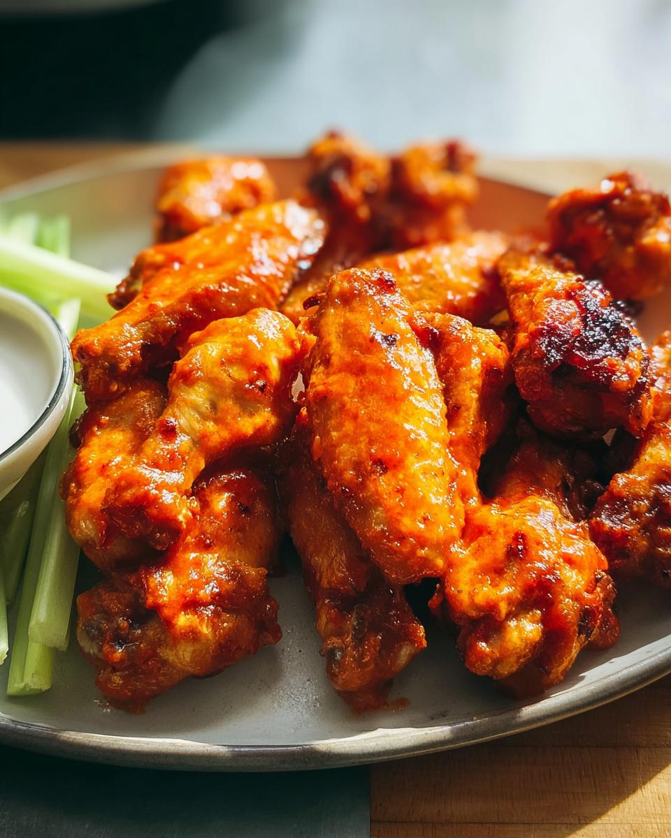 A close-up of a plate piled high with glossy, saucy buffalo chicken wings, served with celery sticks and a small bowl of dipping sauce.