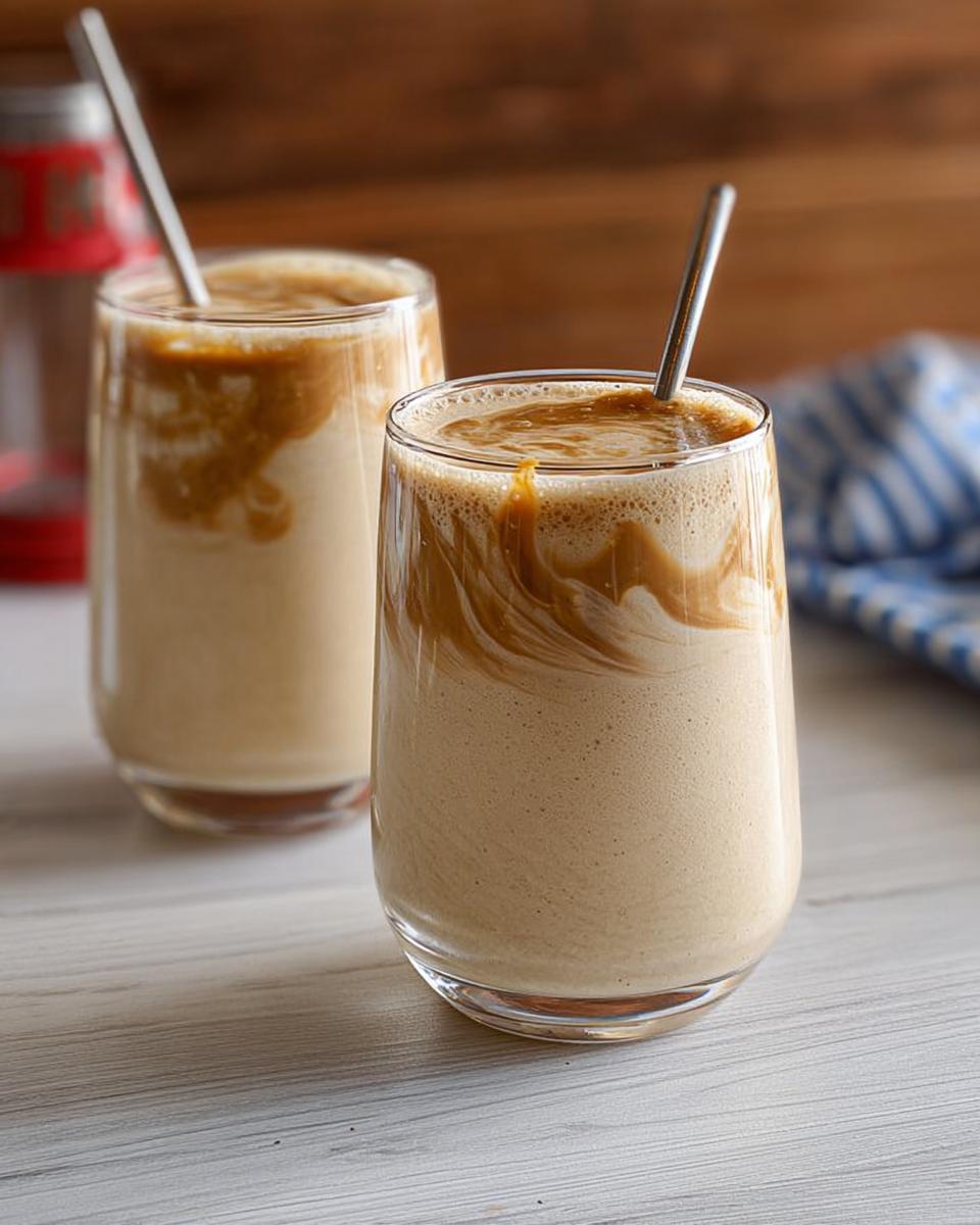 Two glasses of caramel coffee frappe with swirls of caramel and foam, part of the Ultimate Breakfast Ideas Recipes Guide.