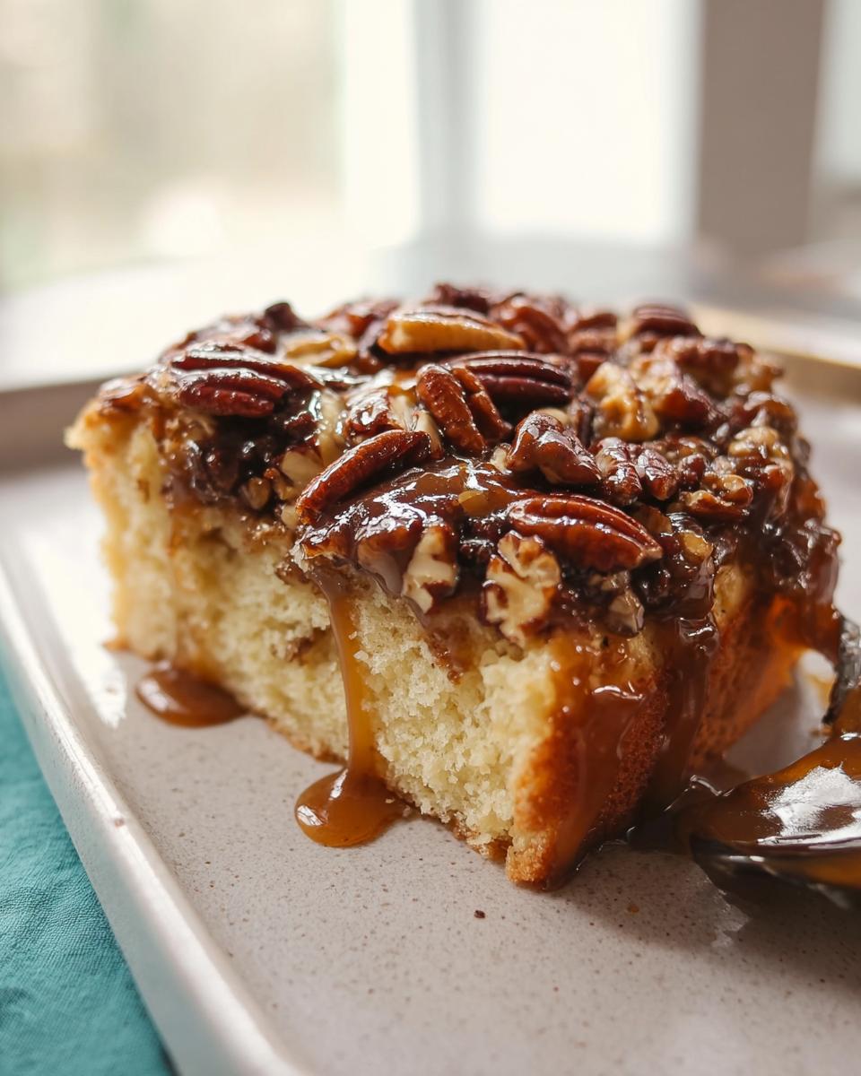 A slice of delicious caramel pecan cake, drizzled with extra caramel sauce and topped with whole pecans.