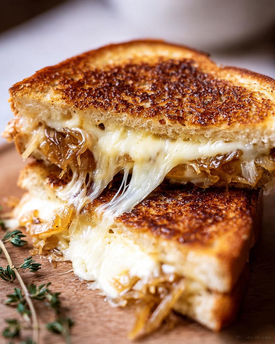 A close-up of a perfectly grilled cheese sandwich with caramelized onions and melted cheese oozing out.