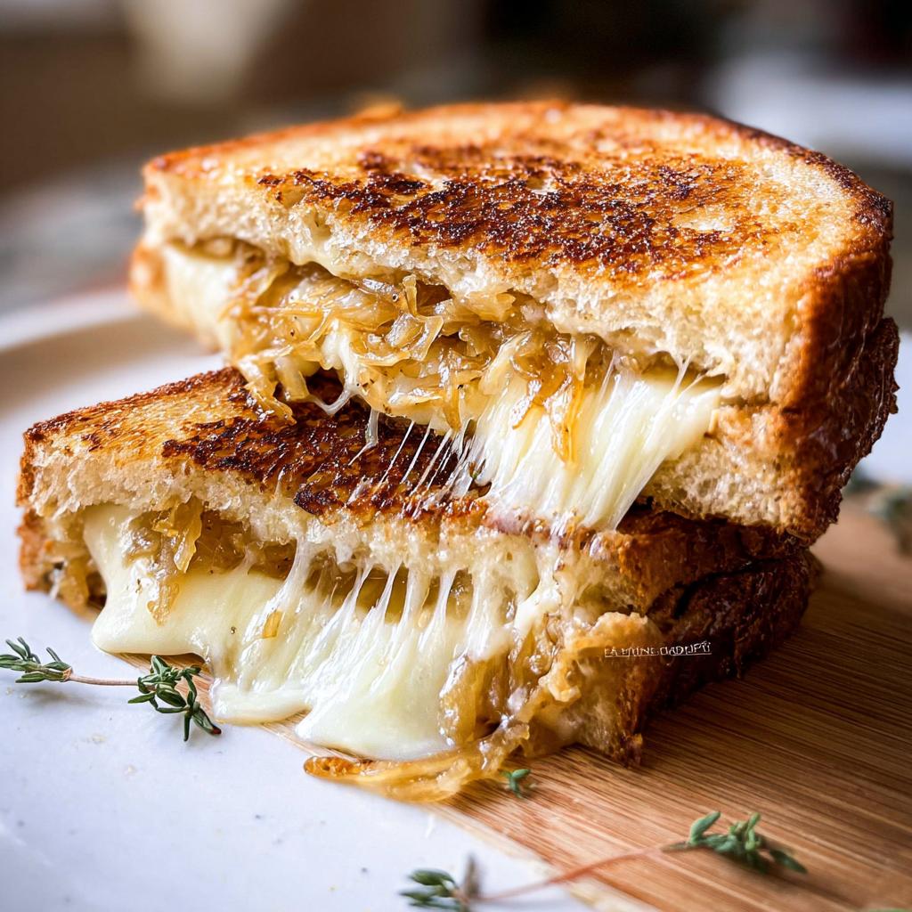 A perfectly grilled cheese sandwich, cut in half, with melted cheese oozing out, filled with caramelized onions.