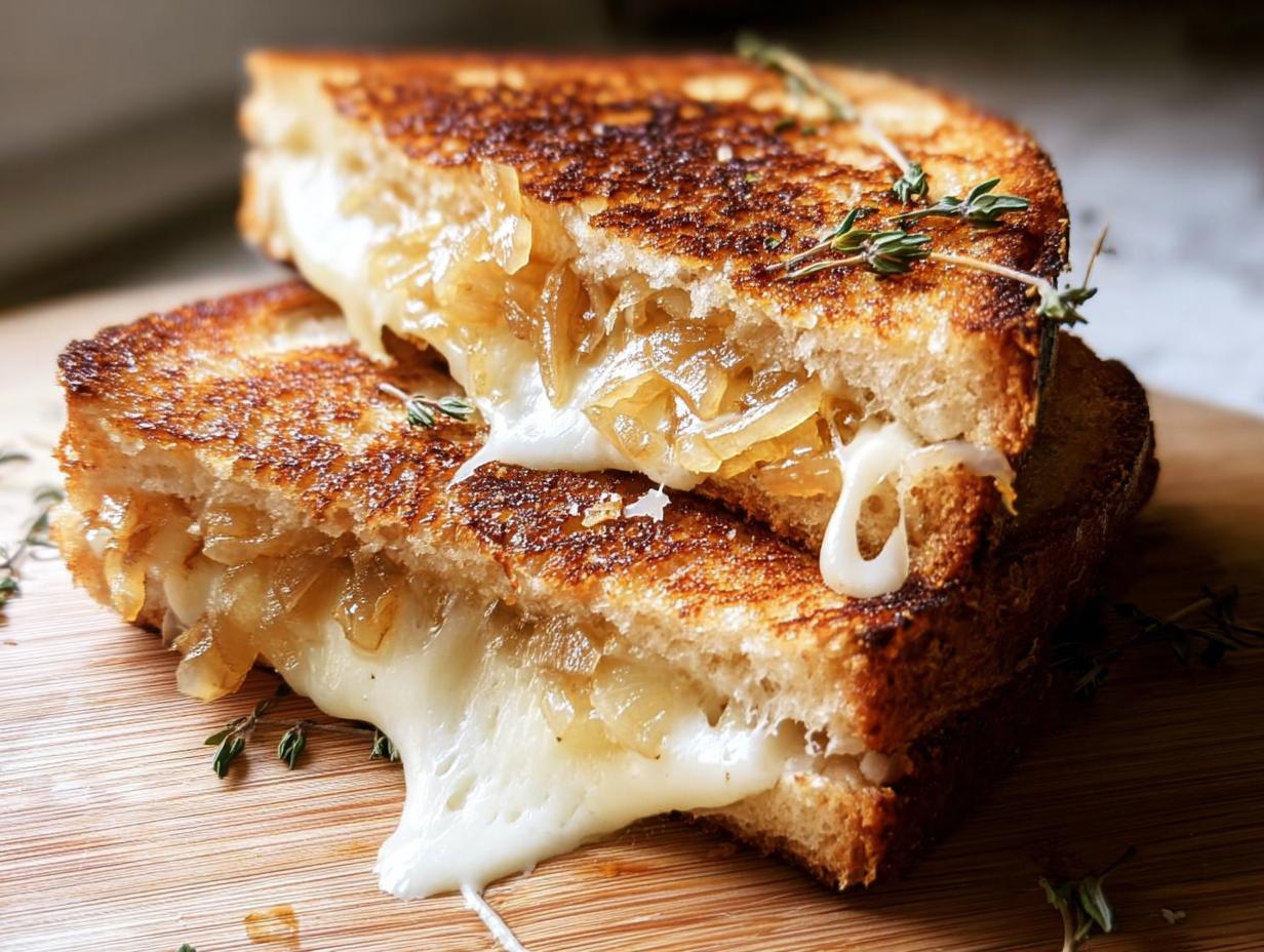 Close-up of a perfectly grilled cheese sandwich with caramelized onions and melted cheese, a sprig of thyme on top.