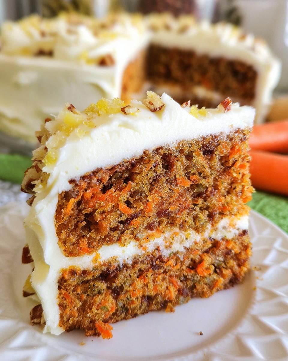 A slice of moist carrot cake with cream cheese frosting, topped with chopped nuts and lemon zest.