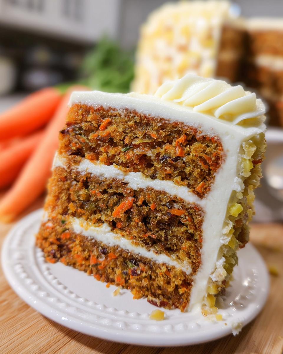 A moist slice of carrot cake with cream cheese frosting, showcasing layers of cake and frosting, part of The Only Cake Ideas Recipes Recipe You’ll Need (2025).