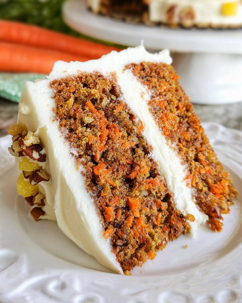 A delicious slice of carrot cake with rich cream cheese frosting, topped with pecans and orange zest.