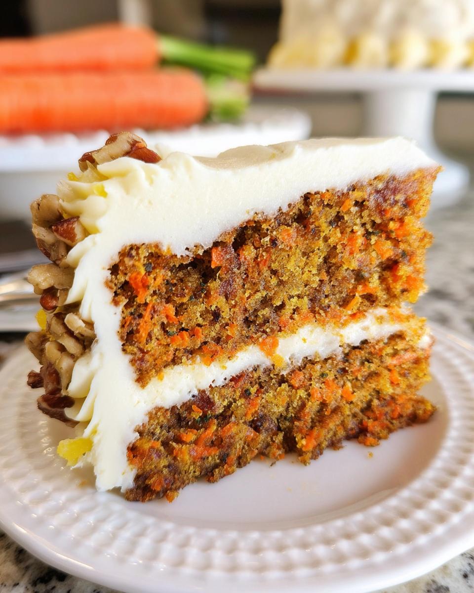 A slice of moist carrot cake with cream cheese frosting, topped with chopped pecans. This is one of The Only Cake Ideas Recipes Recipe You’ll Need (2025).