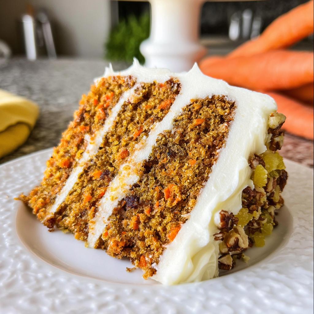 A slice of moist carrot cake with cream cheese frosting, layered with nuts and carrots.