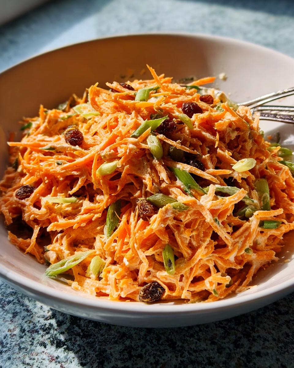 A close-up of a bowl filled with shredded carrots, raisins, and chopped scallions, tossed in a creamy dressing. Part of our Veggie Sides Recipes in 15 Minutes.