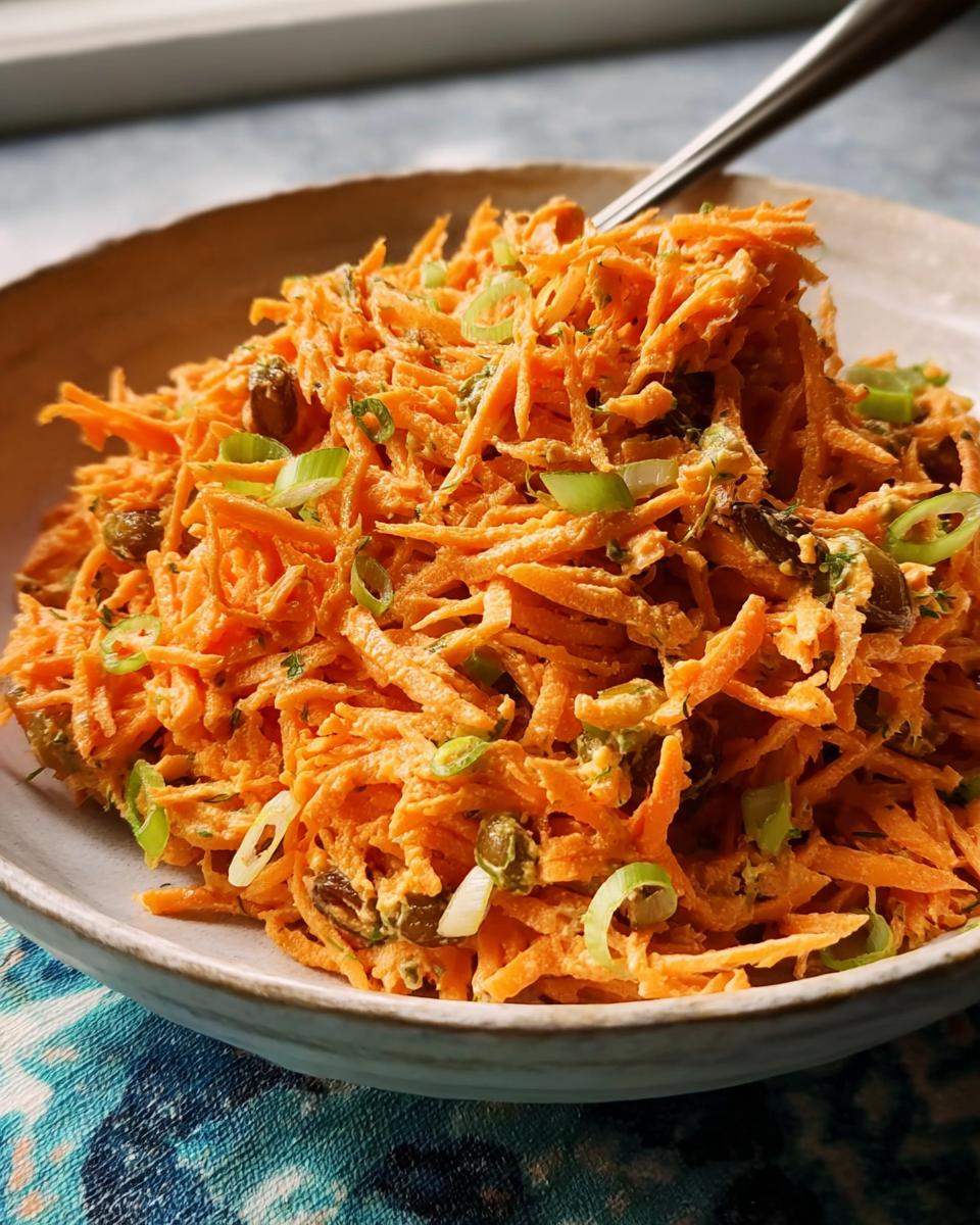 Close-up of a vibrant carrot salad with chopped scallions and capers, perfect for quick veggie sides recipes.
