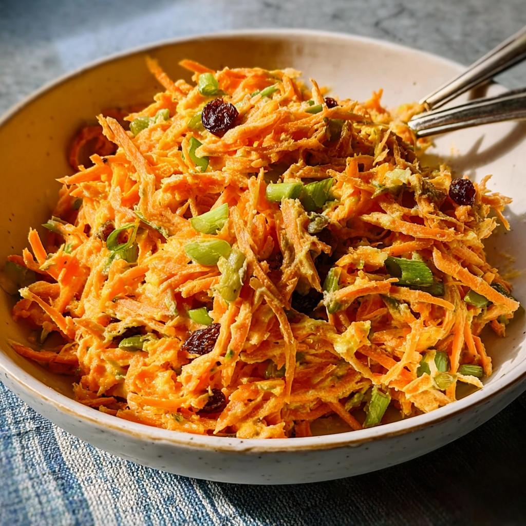 A bowl of shredded carrot salad with raisins and green onions, a perfect quick veggie side dish.