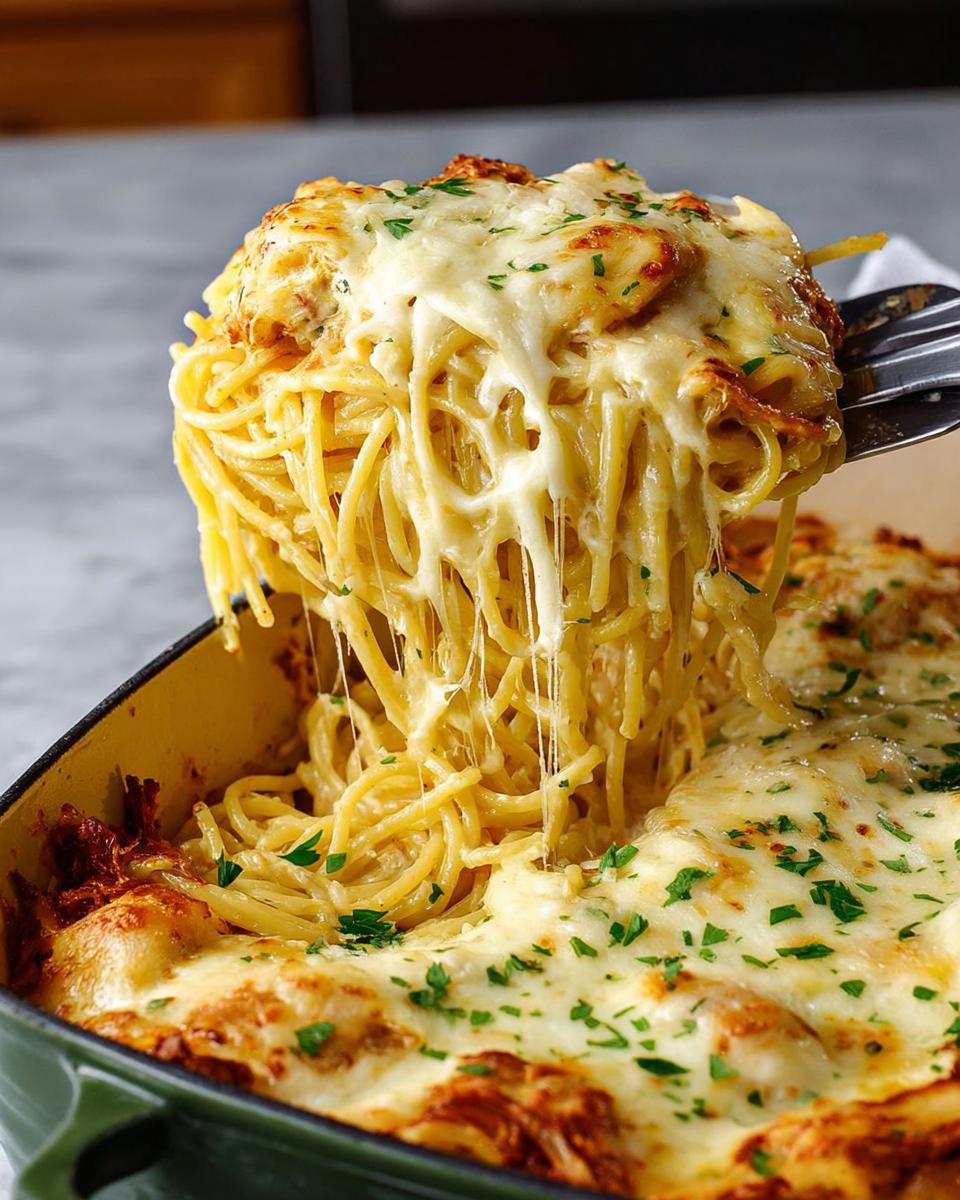 A fork lifting a generous portion of cheesy baked spaghetti from a casserole dish, with melted cheese strings stretching.