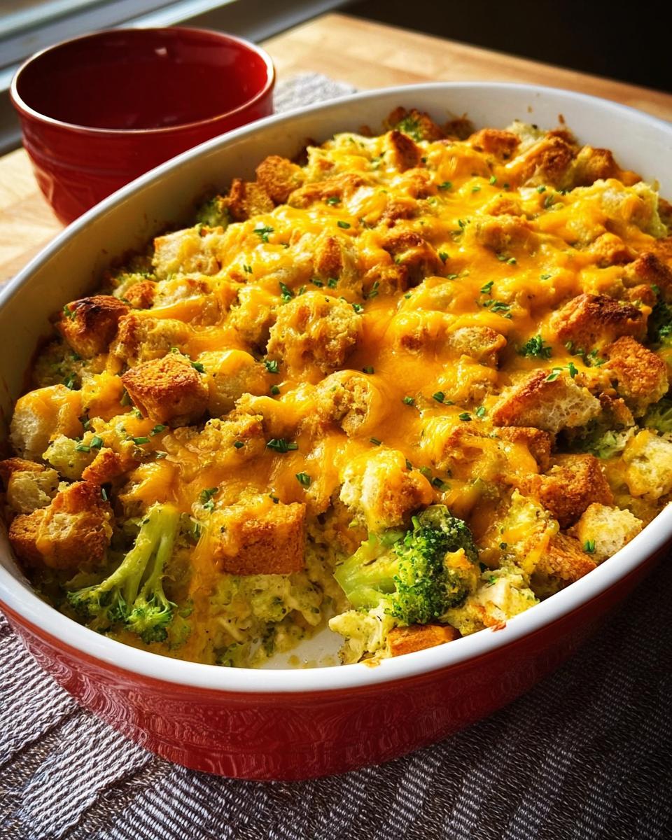 A golden-brown cheesy chicken broccoli casserole topped with croutons, fresh from the oven.