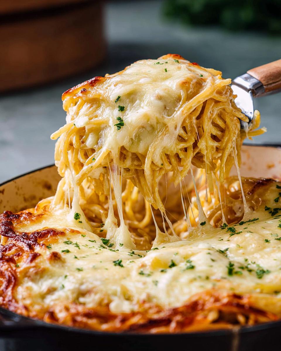 A serving fork lifts a generous portion of cheesy spaghetti bake, showcasing melted cheese strings. The pasta is baked in a dish and topped with parsley.