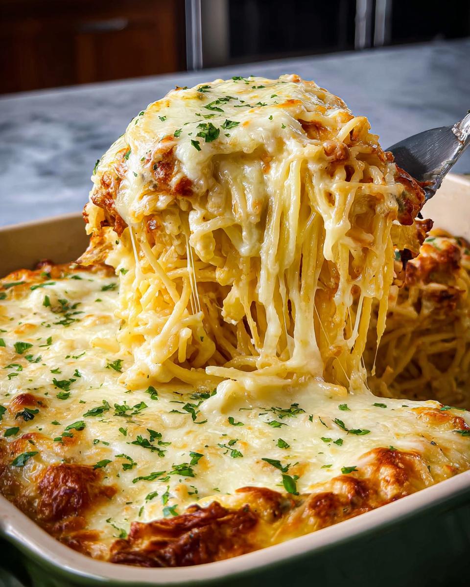 A serving spoon lifts a generous portion of cheesy spaghetti casserole, with melted cheese stretching from the dish.