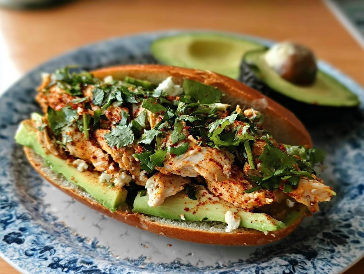 A delicious chicken avocado sandwich with fresh cilantro and spices, perfect for quick sandwich ideas recipes.
