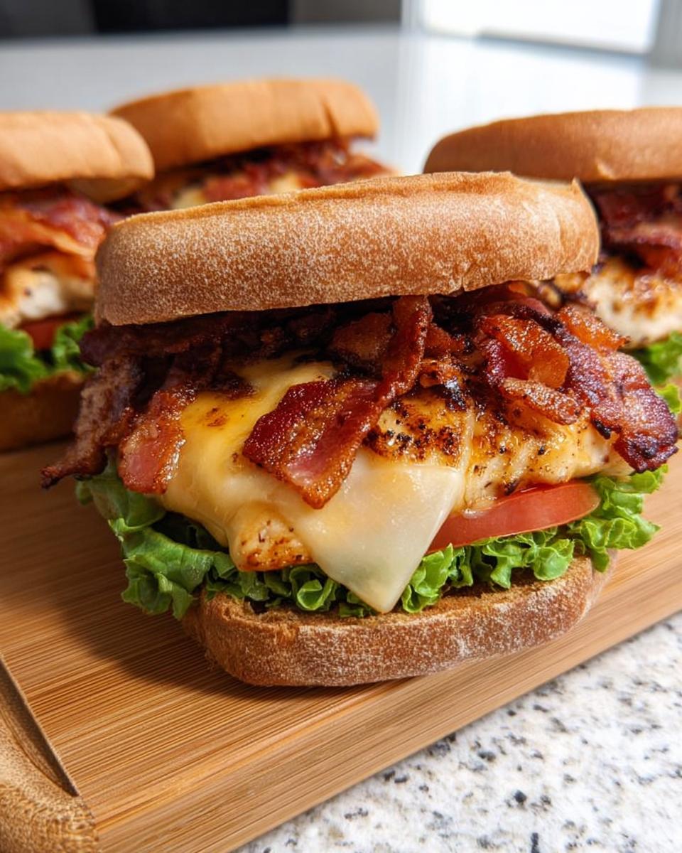 Close-up of a delicious chicken bacon sandwich with melted cheese, lettuce, and tomato, perfect for restaurant-style easy dinner recipes at home.