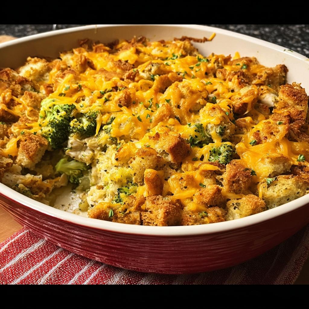 A close-up of a baked chicken broccoli casserole topped with melted cheddar cheese and croutons.