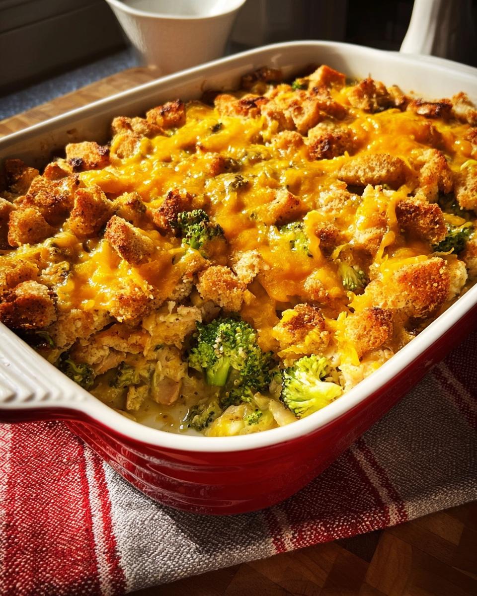 A close-up of a bubbling chicken broccoli casserole topped with melted cheese and croutons in a red baking dish.