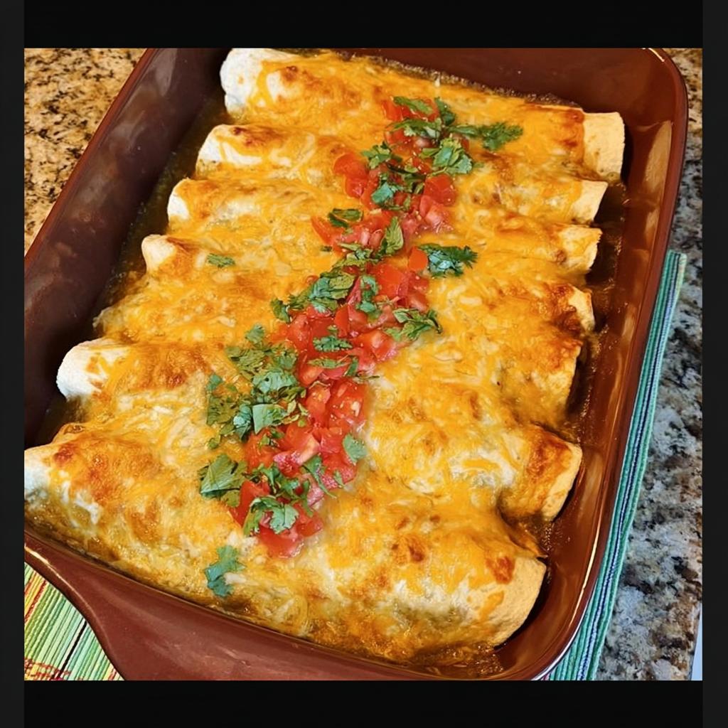 A baking dish filled with cheesy chicken enchiladas, topped with diced tomatoes and cilantro.