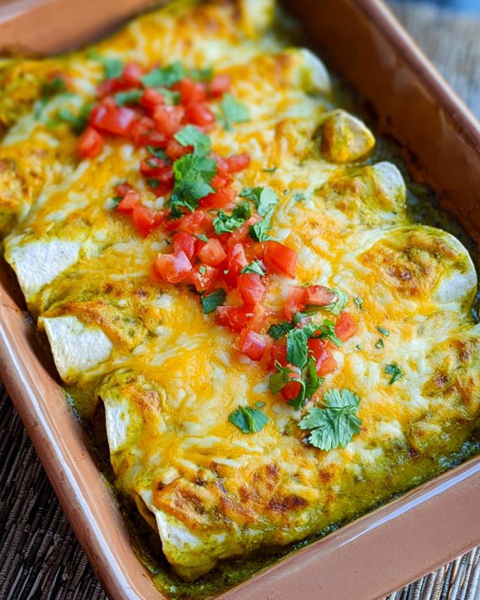 Close-up of baked chicken enchiladas topped with melted cheese, diced tomatoes, and cilantro, perfect for chicken recipes meal prep.