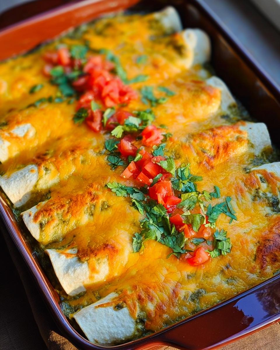 A baking dish filled with cheesy chicken enchiladas topped with salsa verde, melted cheddar cheese, and fresh cilantro and tomatoes.