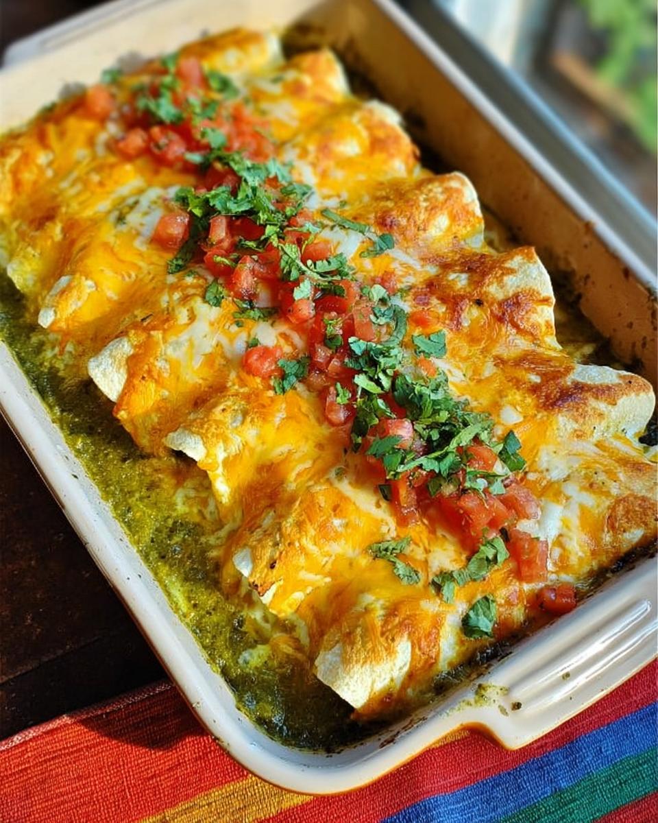 A baking dish filled with cheesy chicken enchiladas topped with salsa and cilantro, perfect for chicken recipes meal prep.