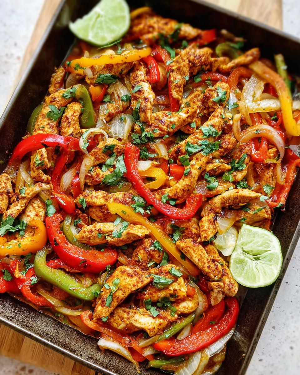 Close-up of colorful chicken fajitas with bell peppers and onions, garnished with lime and cilantro.