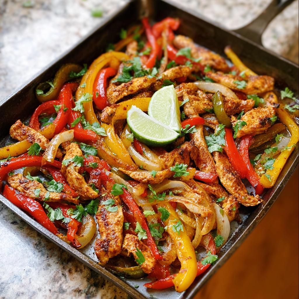 Colorful chicken fajitas with bell peppers and onions, garnished with lime and cilantro, a perfect chicken recipe idea.