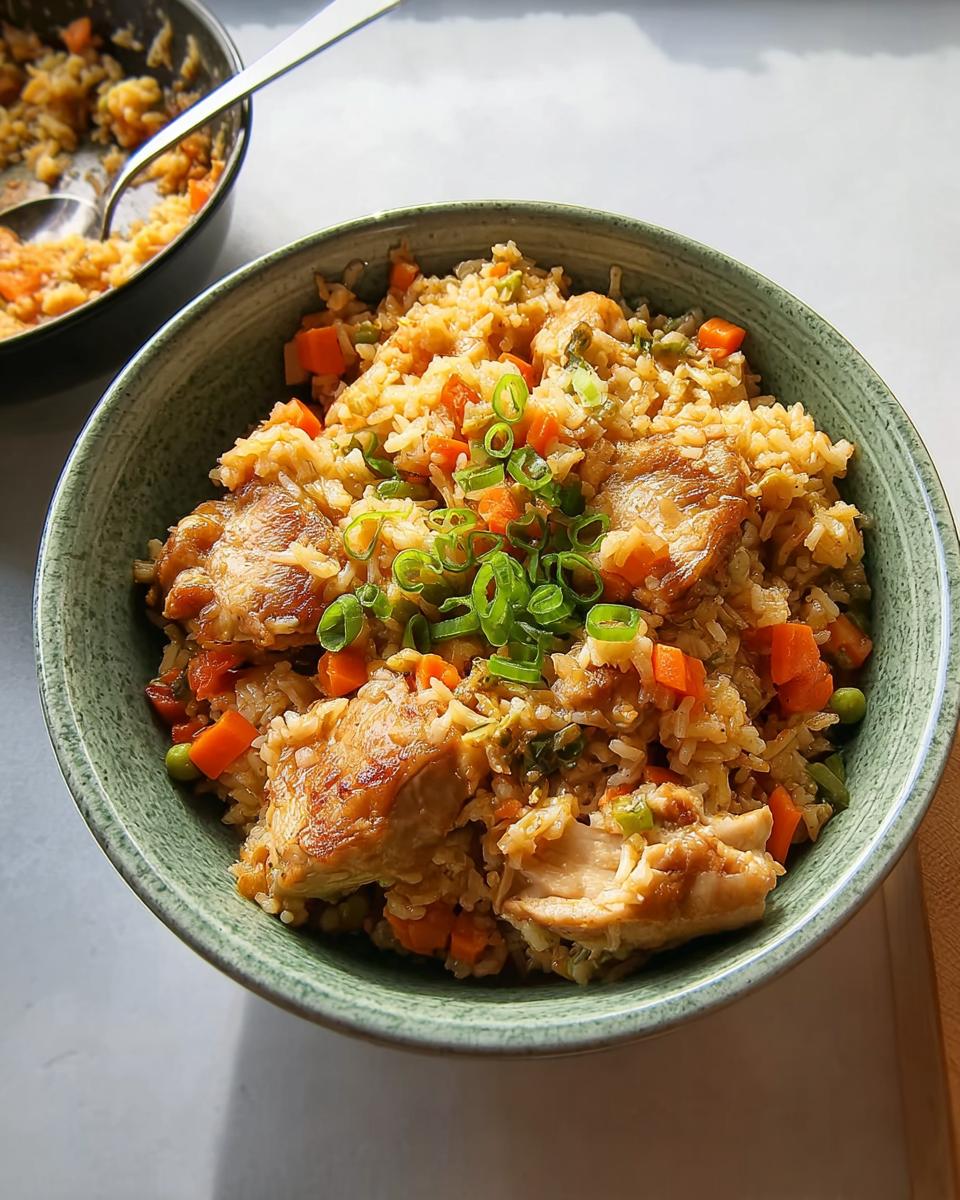 A close-up of a delicious chicken fried rice bowl, featuring tender chicken pieces, carrots, peas, and green onions.
