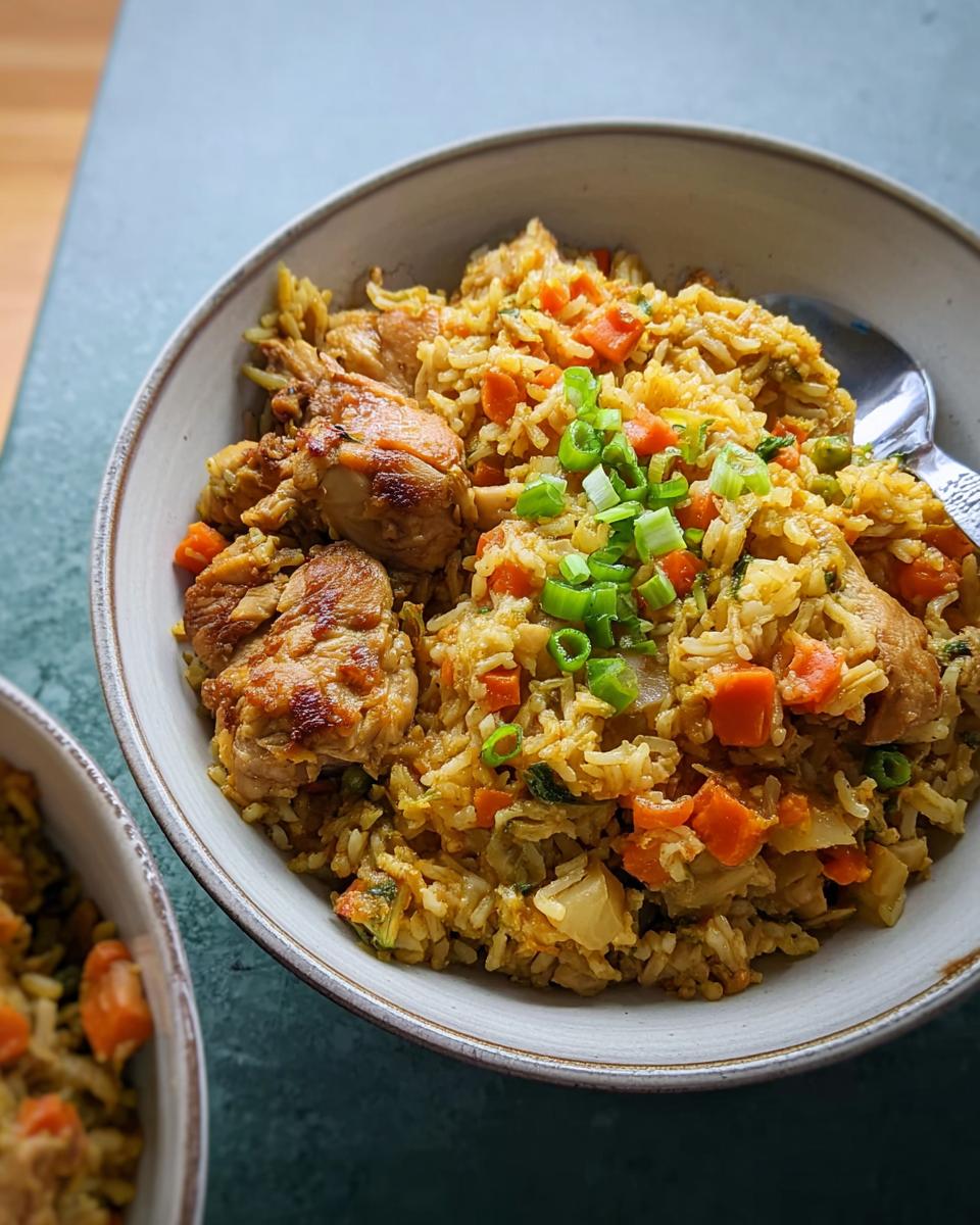 A close-up of a delicious chicken fried rice bowl, featuring tender chicken pieces, vibrant carrots, and green onions.
