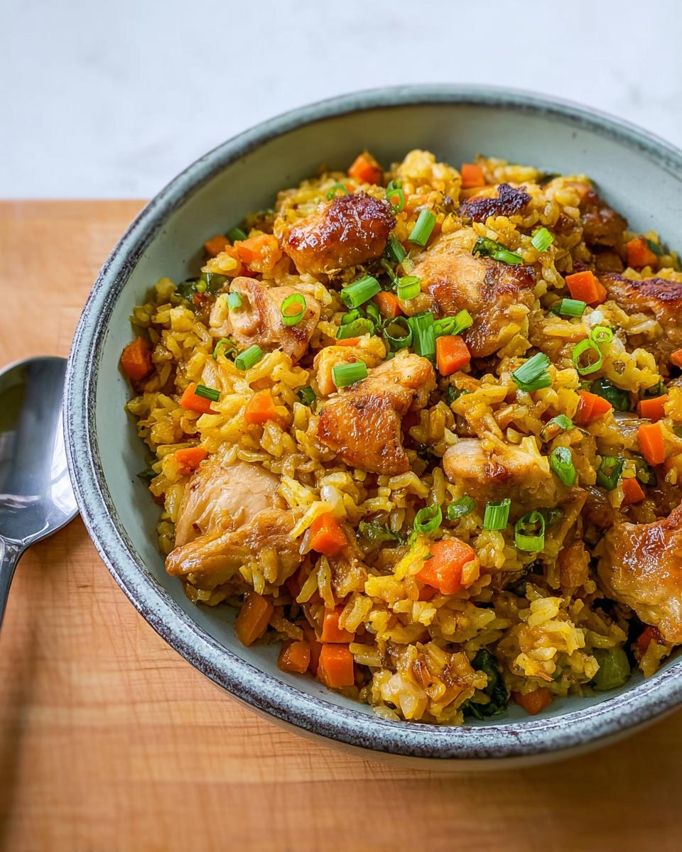 A close-up of a delicious chicken fried rice bowl, featuring tender chicken pieces, diced carrots, and green onions.