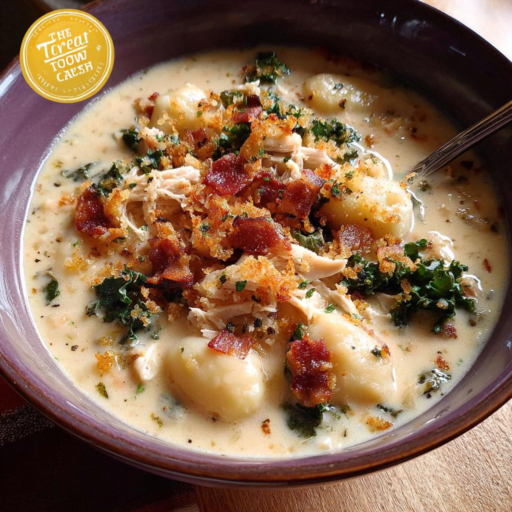 A close-up of a bowl of creamy chicken gnocchi soup, topped with crispy bacon and breadcrumbs.