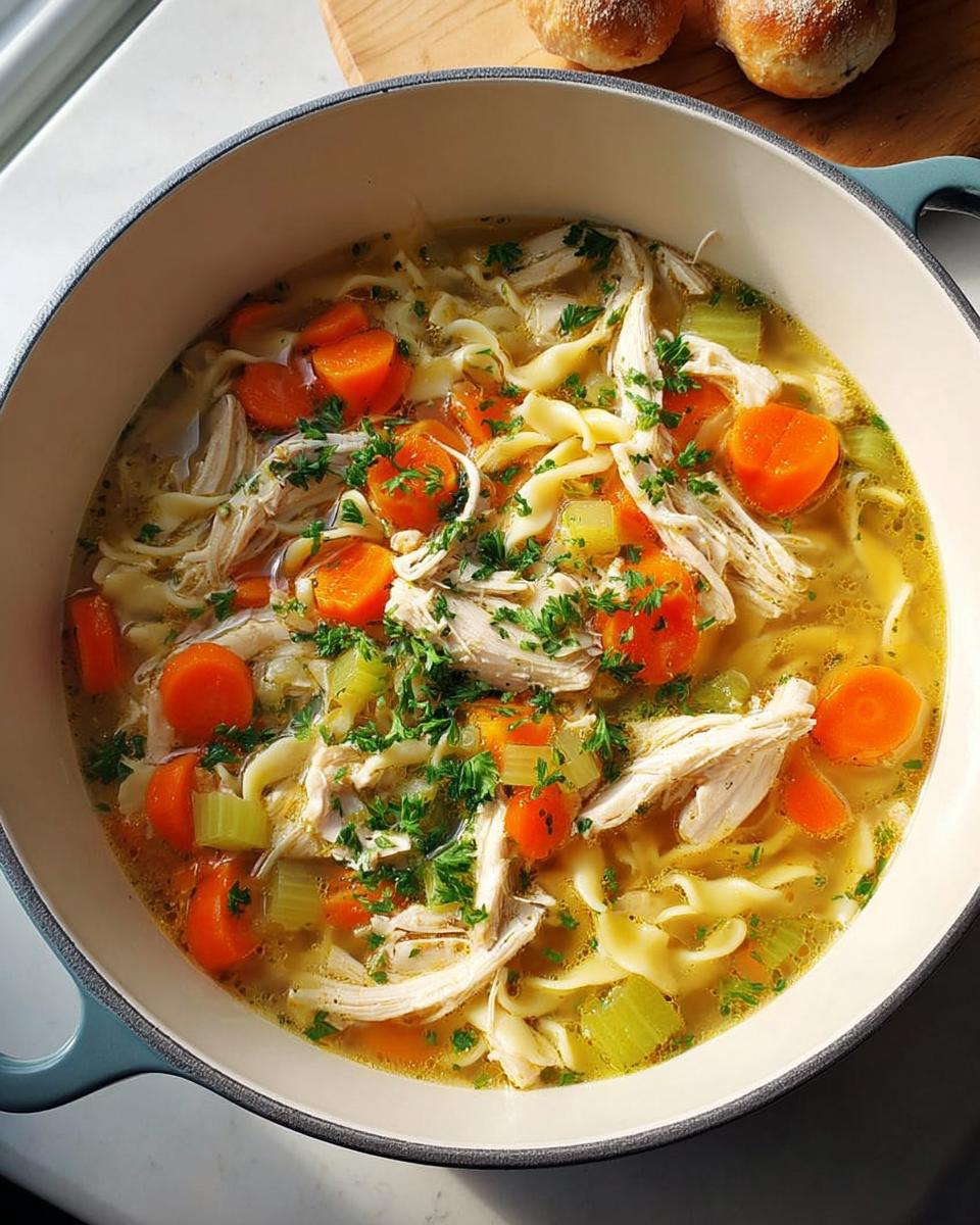 A close-up of a steaming bowl of chicken noodle soup, brimming with shredded chicken, wide egg noodles, carrots, and celery, garnished with fresh parsley.