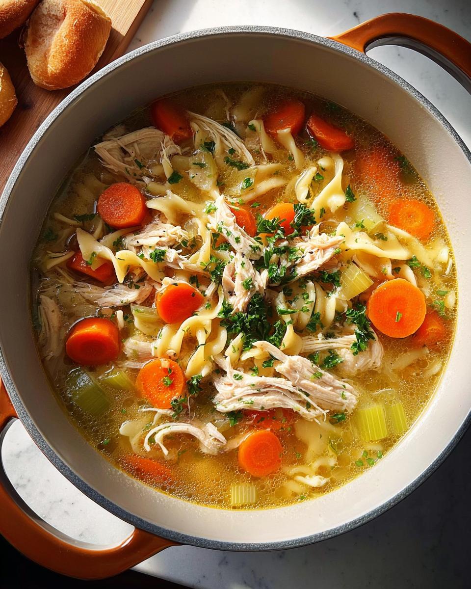A close-up overhead view of a pot of homemade chicken noodle soup, featuring shredded chicken, wide egg noodles, carrots, and celery.