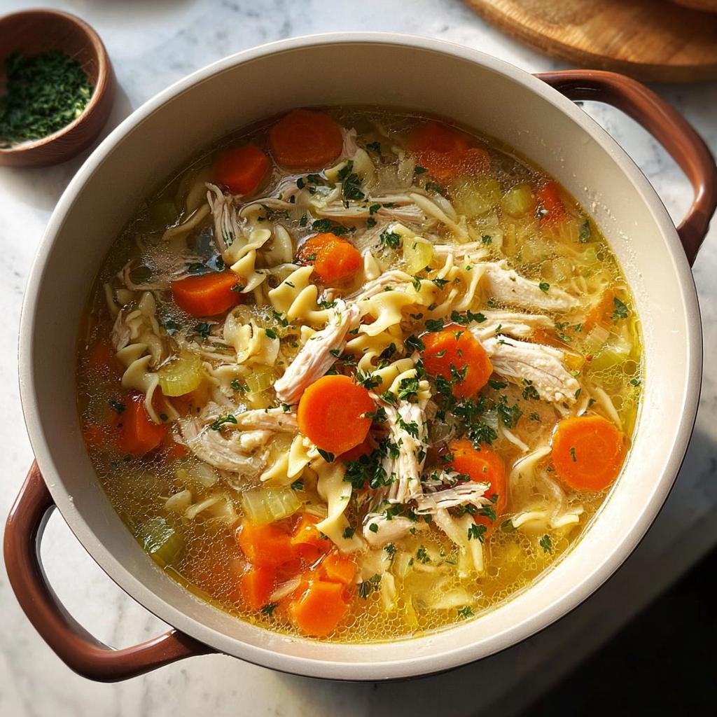 A hearty bowl of chicken noodle soup with shredded chicken, egg noodles, carrots, and celery, seasoned with parsley.