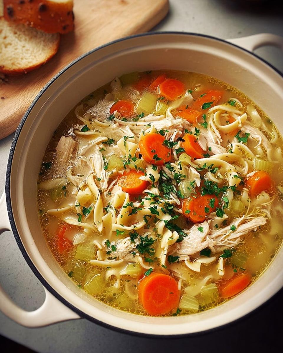 A close-up of a steaming bowl of chicken noodle soup, filled with shredded chicken, noodles, carrots, and celery, garnished with parsley.