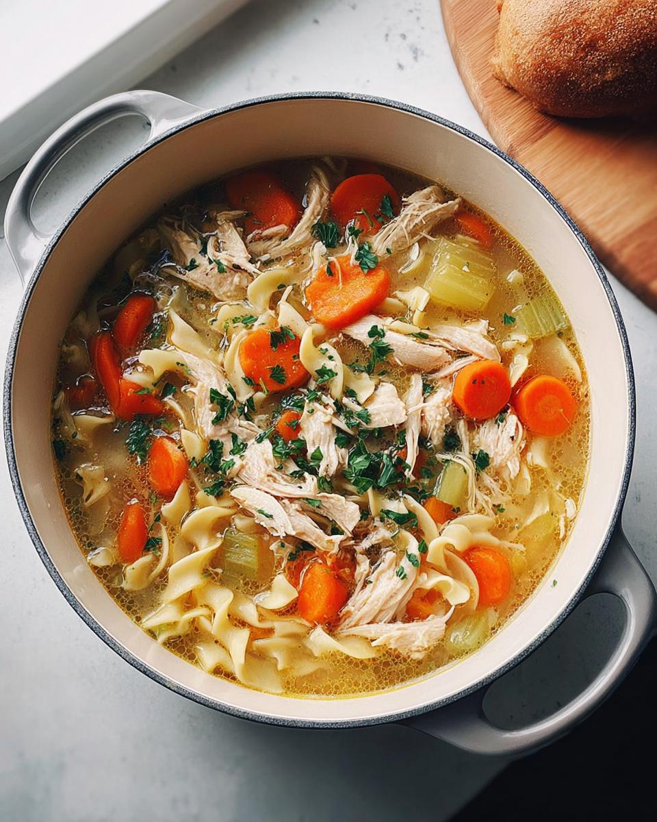 A steaming pot of homemade chicken noodle soup with shredded chicken, carrots, celery, and egg noodles. This is one of the best soup recipes.