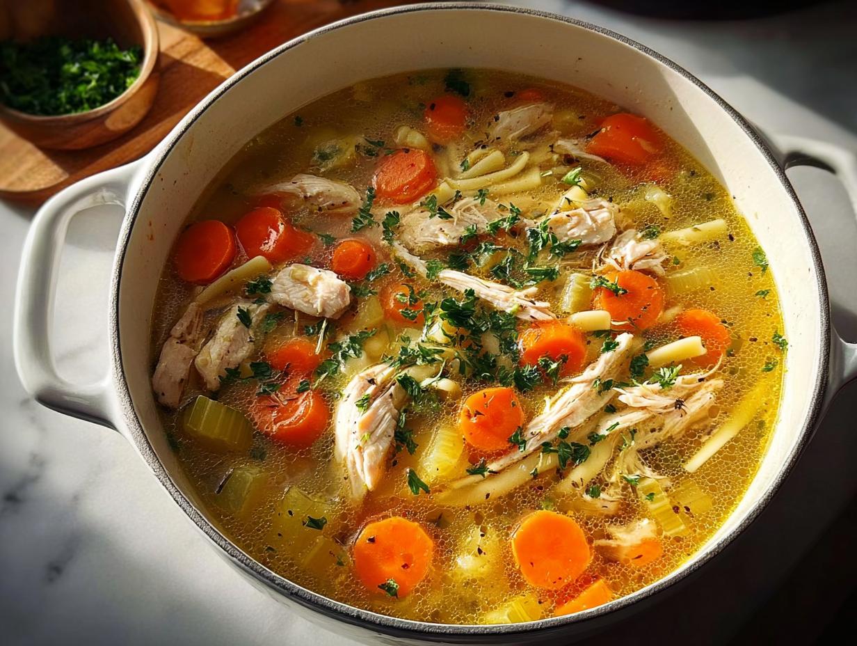 A steaming pot of homemade chicken noodle soup, filled with tender chicken, carrots, celery, and noodles.