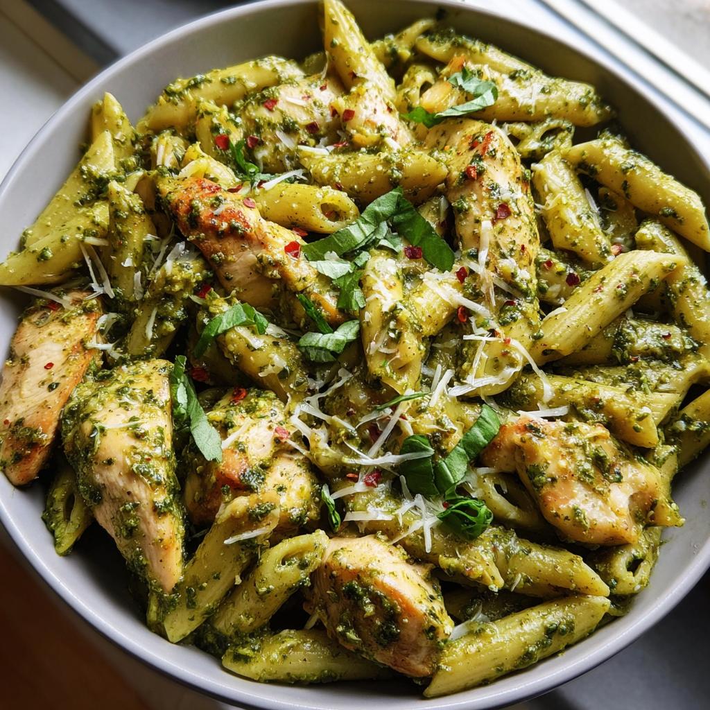 A bowl of chicken pesto pasta with penne, grilled chicken pieces, and fresh basil.