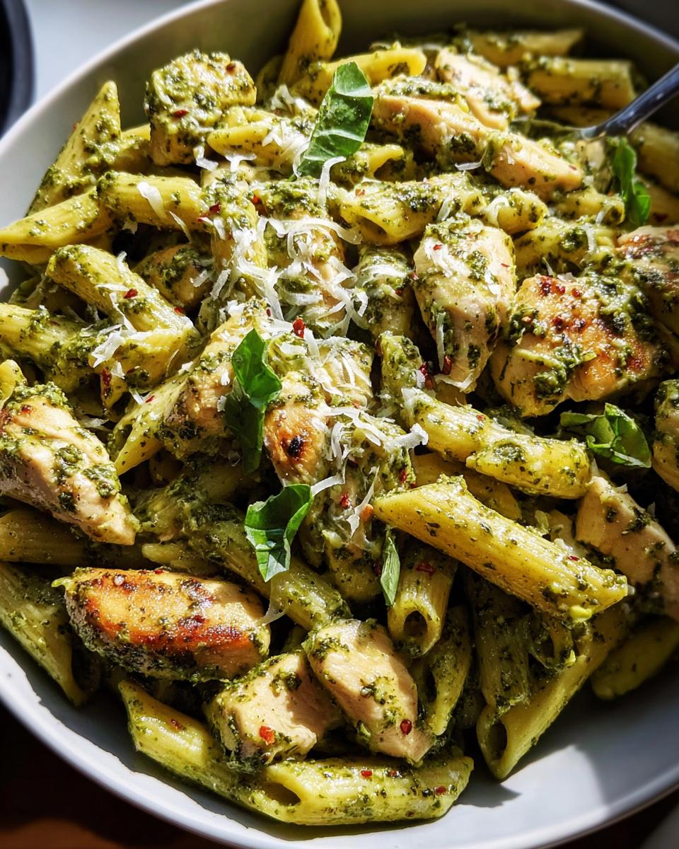 A close-up of penne pasta with grilled chicken pieces coated in vibrant green pesto sauce, garnished with basil and parmesan.