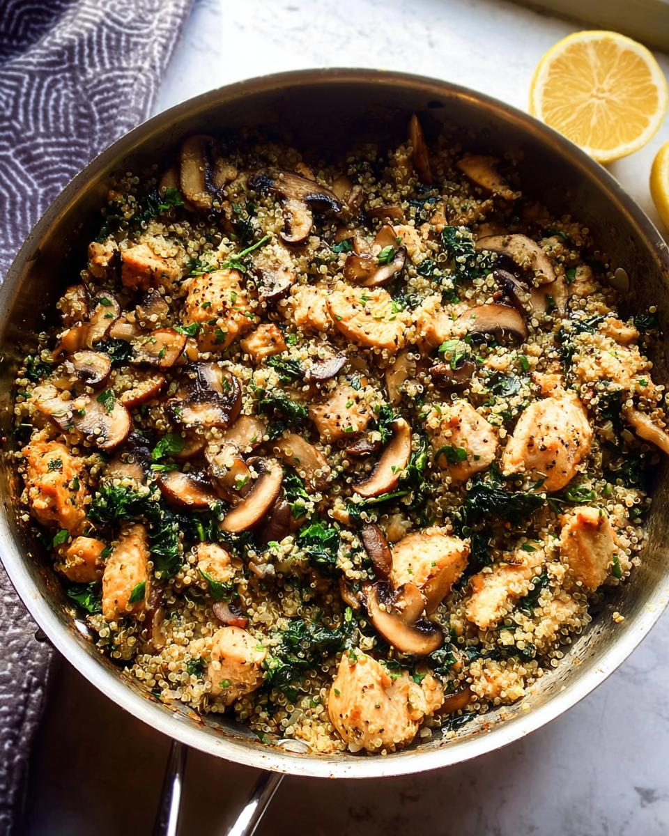 A delicious skillet dish with chicken, mushrooms, quinoa, and greens, perfect for beginner chicken recipes.