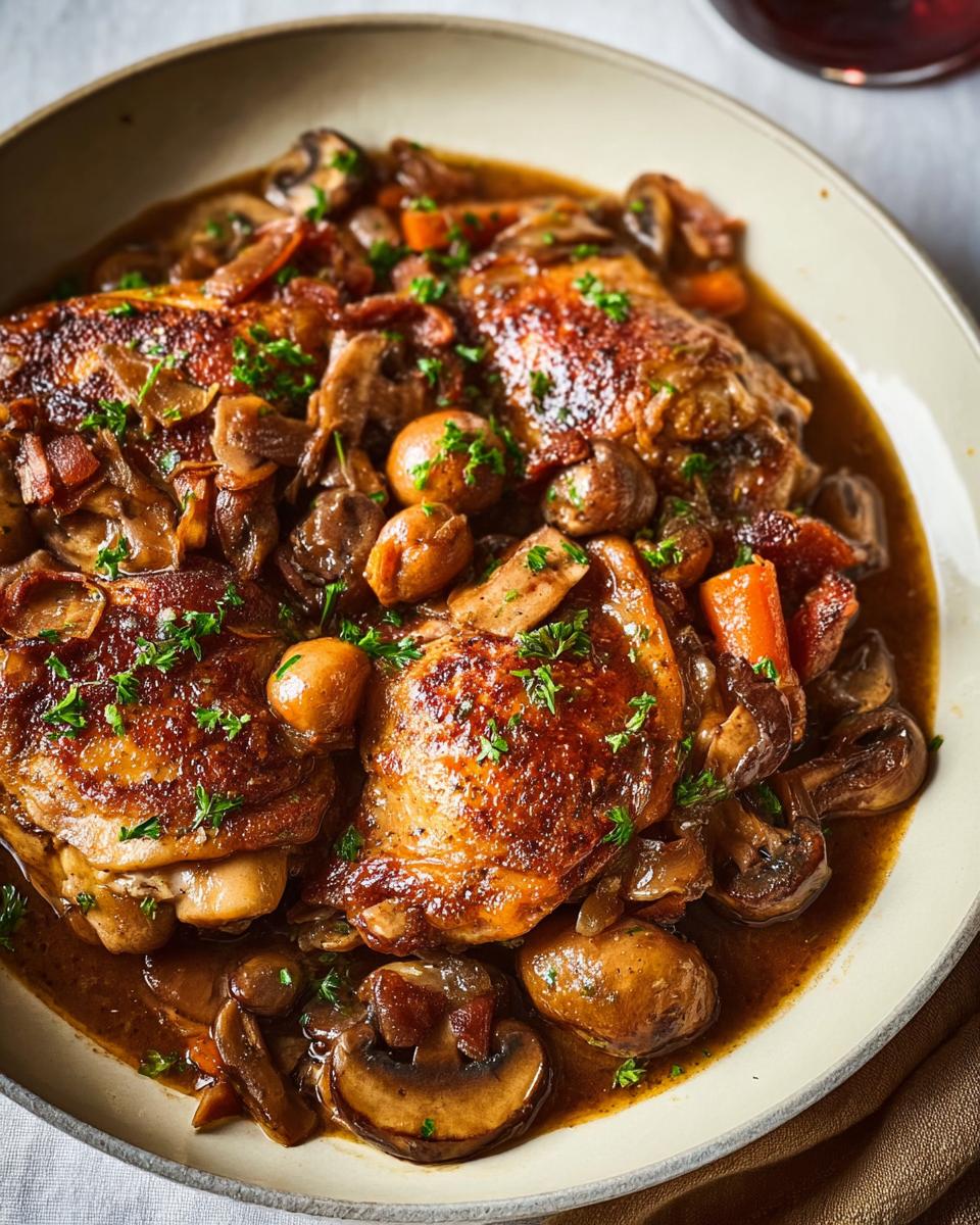 A close-up of a hearty chicken recipe with tender chicken thighs, mushrooms, carrots, and herbs in a rich sauce.