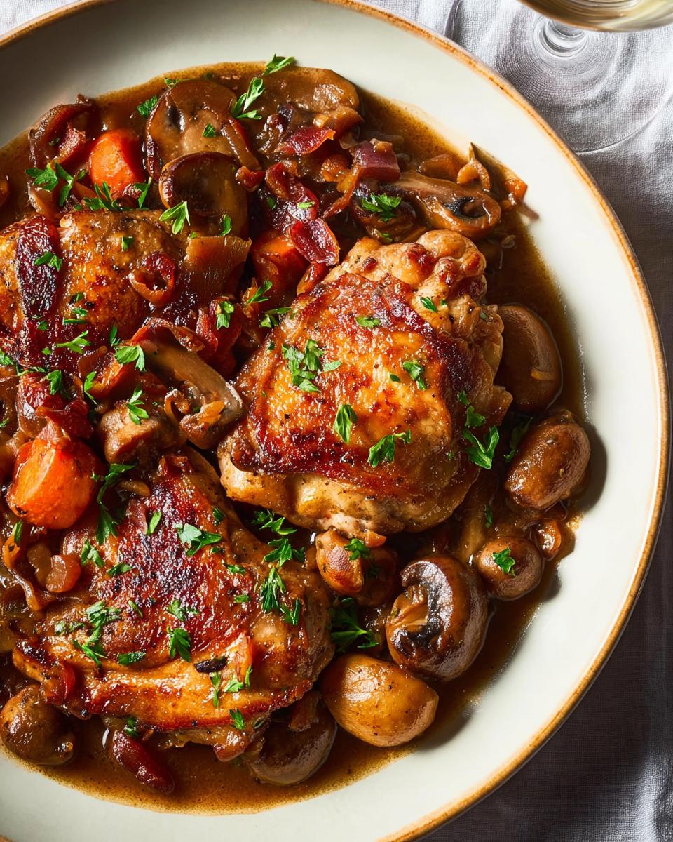 Close-up of a comforting chicken recipe with tender chicken thighs, mushrooms, carrots, and herbs in a rich sauce.
